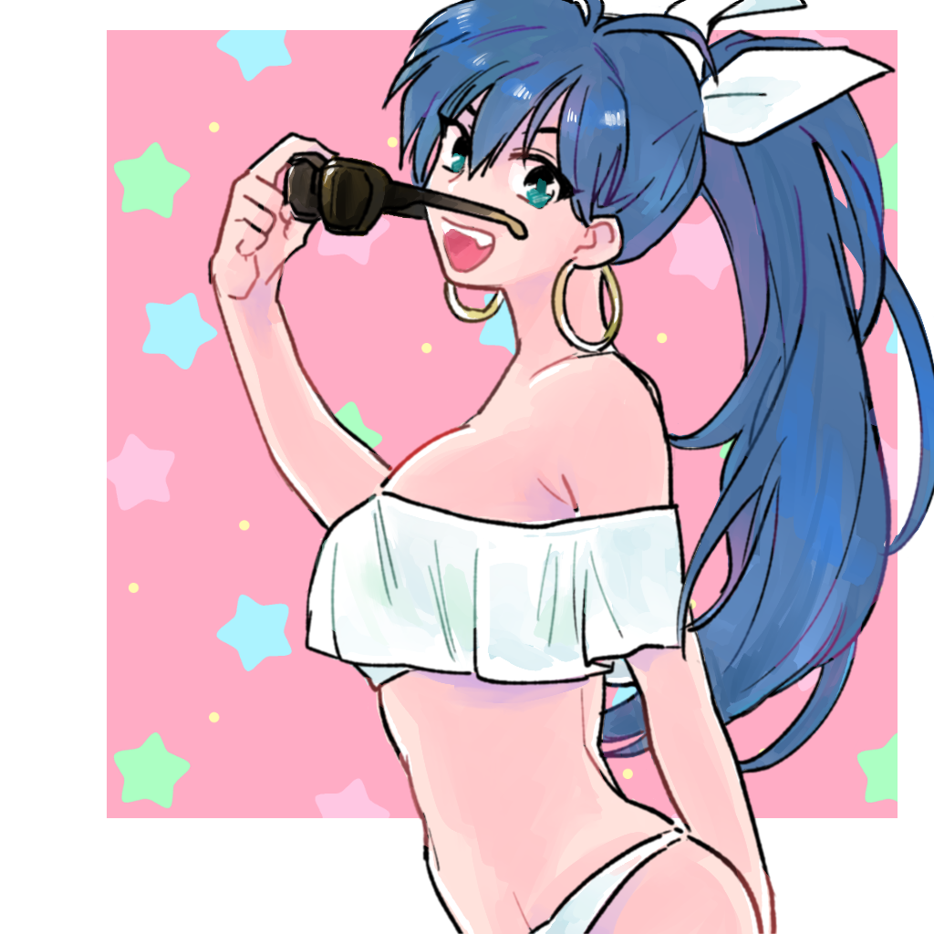 1girl, :d, aqua_eyes, arm, arm_behind_back, bare_arms, bare_shoulders, bikini, blue_hair, blush, earrings, fangs, female, from_side, ganaha_hibiki, hair_between_eyes, hair_ribbon, hand_up, happy, holding, holding_sunglasses, hoop_earrings, idolmaster, jewelry, long_hair, looking_at_viewer, looking_to_the_side, midriff, navel, neck, nezumoto, off-shoulder_shirt, open_mouth, outline, outline_background, panties, pink_background, ponytail, ribbon, round_teeth, shirt, smile, solo, standing, star, starry_background, sunglasses, sunglasses_removed, swimsuit, teeth, white_panties, white_ribbon, white_shirt