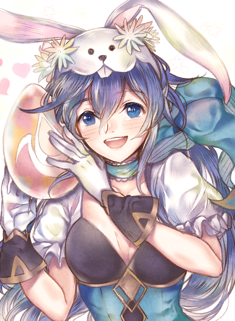1girl, animal_ears, blue_eyes, blue_hair, blush, bunny_girl, bunny_tail, bunnysuit, egg, fake_animal_ears, fire_emblem, fire_emblem:_kakusei, fire_emblem_heroes, long_hair, looking_at_viewer, lucina, no-shio, open_mouth, rabbit_ears, simple_background, smile, solo, tail, tiara