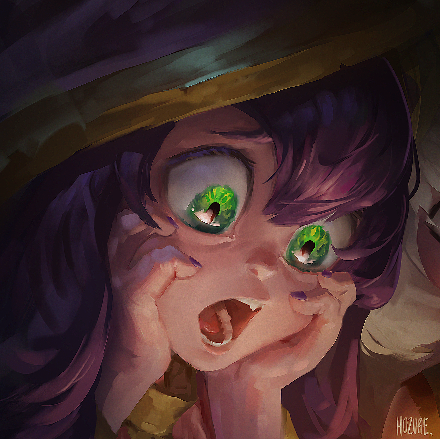 1girl, :o, artist_name, bangs, face, fang, gasp, green_eyes