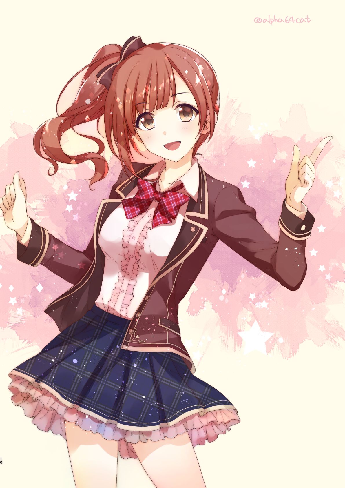 1girl, :d, alpha_(yukai_na_nakamatachi), blazer, bow, brown_eyes, brown_hair, center_frills
