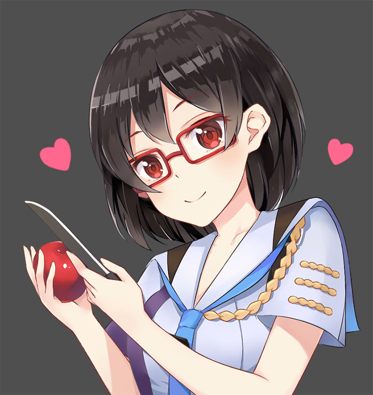 1girl, apple, black_hair, blue_necktie, blush, closed_mouth, eyebrows_visible_through_hair, food