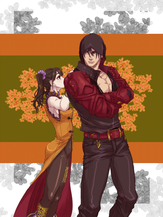 1boy, 1girl, bangs, belt, black_hair, black_legwear, brown_eyes, chinese_clothes, couple, crossed_arms, drill_hair, floral_background, gauntlets, grabbing, grabbing_from_behind, hair_ornament, height_difference, hetero, hood, hooded_jacket, inuhiko_(istdog), jacket, kazama_jin, ling_xiaoyu, looking_at_another, lying, namco, on_back, studded_belt, tekken, tekken_7, twin_drills, twintails