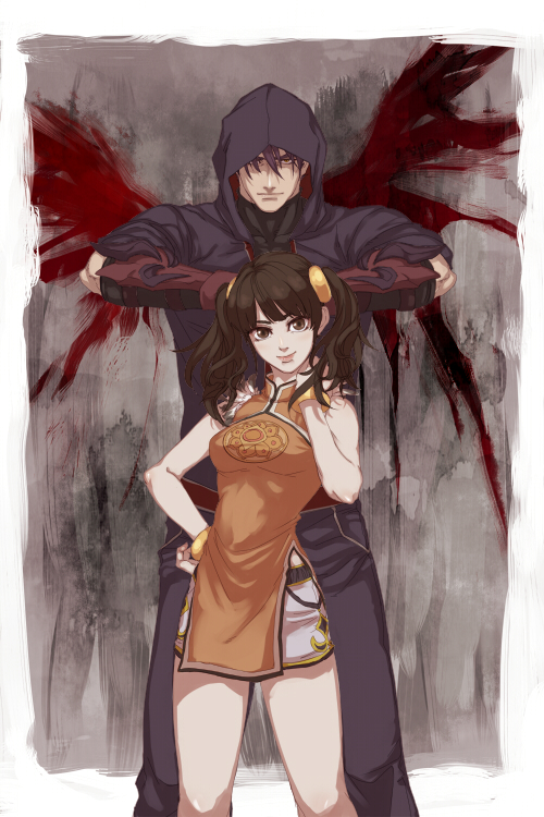 1boy, 1girl, black_hair, bracelet, chinese_clothes, drill_hair, gauntlets, gloves