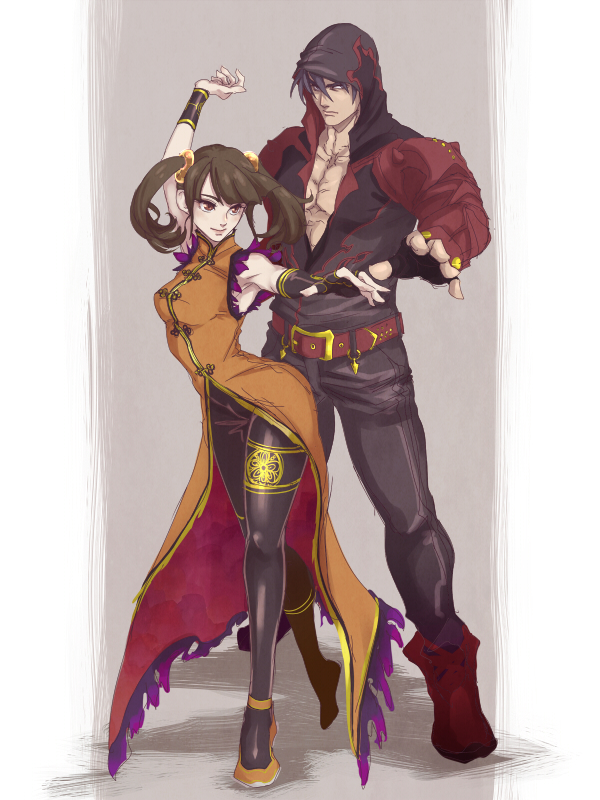 1boy, 1girl, bangs, belt, belt_buckle, black_hair, black_legwear, boots