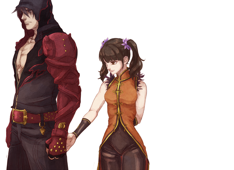 1boy, 1girl, bangs, belt, belt_buckle, black_hair, brown_eyes, buckle, chinese_clothes, couple, drill_hair, feathers, flame_print, flower, gauntlets, gloves, hair_flower, hair_ornament, hand_holding, hetero, hood, hooded_jacket, inuhiko_(istdog), jacket, kazama_jin, ling_xiaoyu, pectorals, petals, tekken, tekken_7, twin_drills, twintails