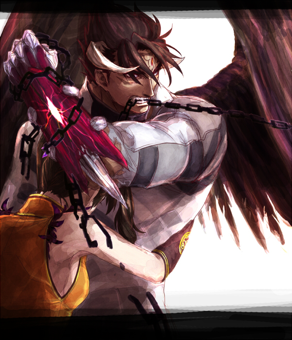 1boy, 1girl, bangs, black_hair, black_wings, chains, chinese_clothes, couple