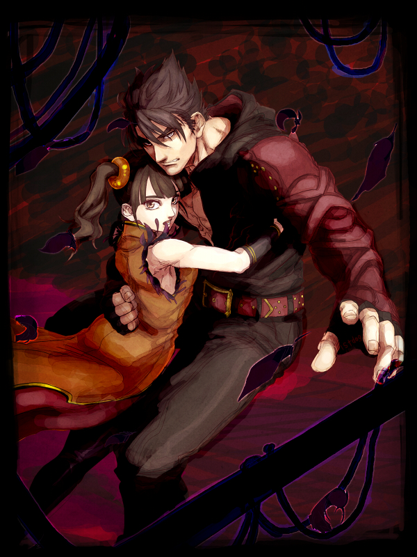 1boy, 1girl, bangs, black_hair, chinese_clothes, couple, drill_hair, gauntlets