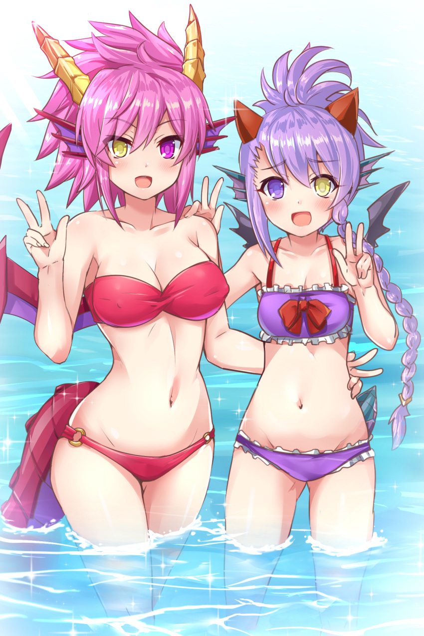 2girls, :d, asymmetrical_bangs, asymmetrical_hair, bangs, bare_arms, bare_shoulders, bikini, black_wings, blush, bow, braid, breasts, cleavage, collarbone, day, double_w, dragon_girl, dragon_horns, erect_nipples, eyebrows_visible_through_hair, frilled_bikini, frills, groin, hair_between_eyes, hand_up, head_fins, heterochromia, highres, horns, large_breasts, legs_together, long_hair, looking_at_viewer, medium_breasts, multiple_girls, navel, o-ring_bikini, o-ring_bottom, open_mouth, pink_eyes, pink_hair, purple_bikini, purple_hair, puzzle_&amp;_dragons, red_bikini, red_bow, red_wings, samoore, sheena_(p&amp;d), shiny, shiny_hair, side_braid, smile, sonia_(p&amp;d), sparkle, spiky_hair, standing, stomach, strapless, strapless_bikini, swimsuit, tail, tsurime, violet_eyes, w, wading, water, wings, yellow_eyes