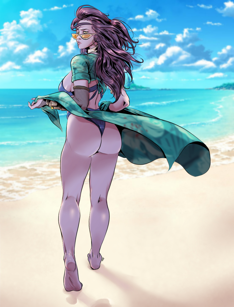1girl, alternate_costume, alternate_hairstyle, ass, back, barefoot, beach, bikini