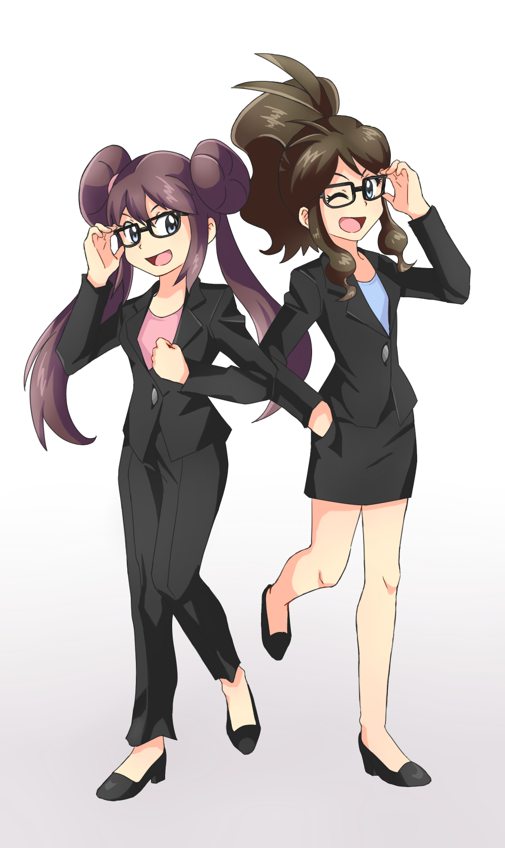 2girls, artist_request, black_clothes, black_jacket, black_jeans, black_shoes, black_skirt, blue_eyes