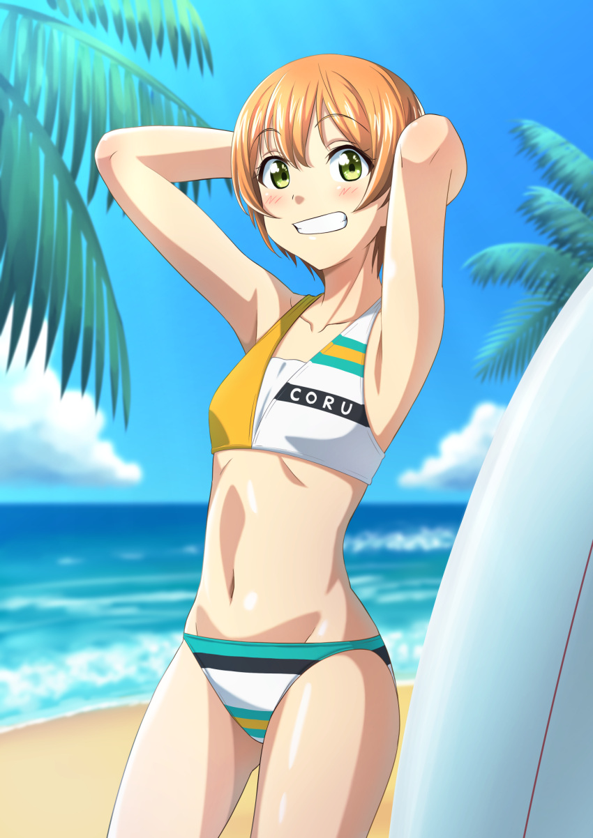 1girl, beach, bikini, cowboy_shot, flat_chest, grin, highres, hoshizora_rin