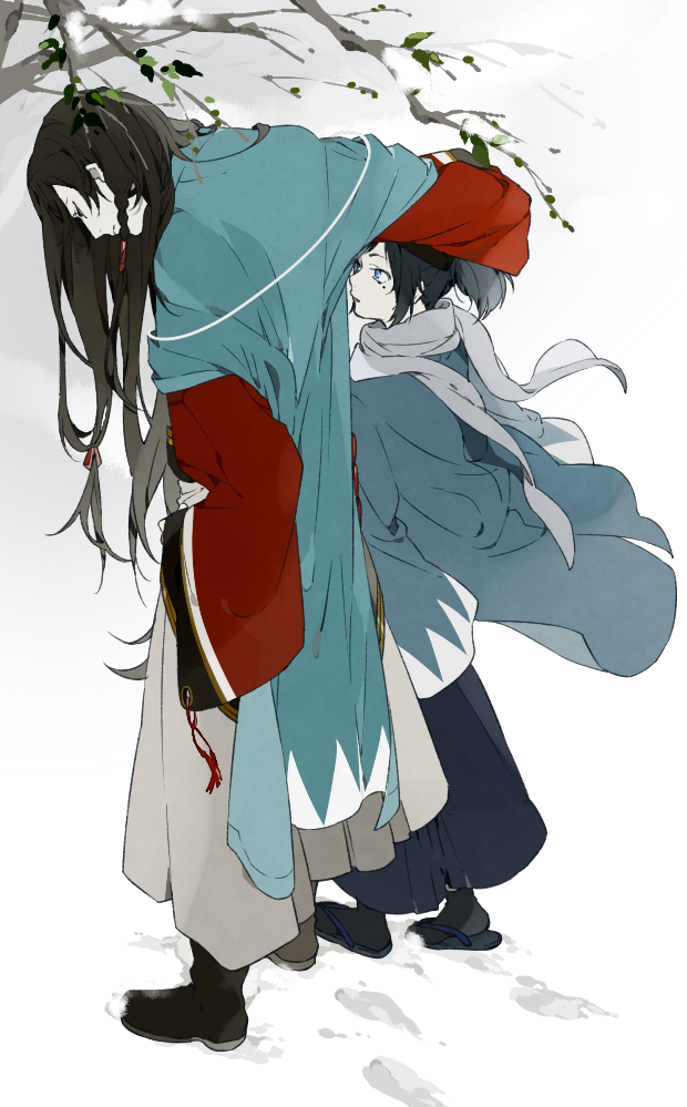 2boys, androgynous, boots, haori, height_difference, izumi-no-kami_kanesada, japanese_clothes, long_hair