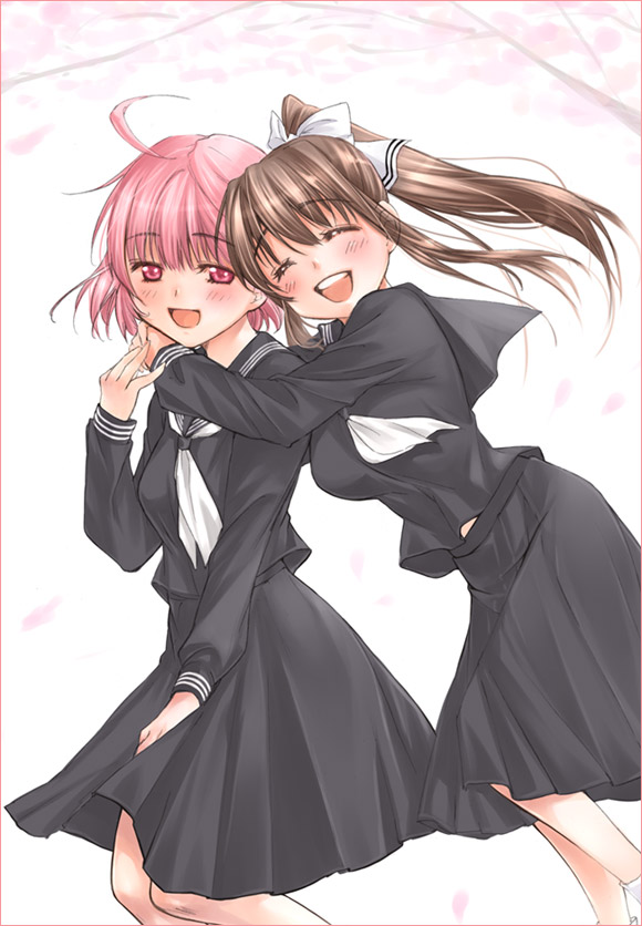 closed_eyes, fujisawa_aya, hair_ribbon, kanda_aya, mashiba_mariko, motoori_chigusa, multiple_girls, open_mouth
