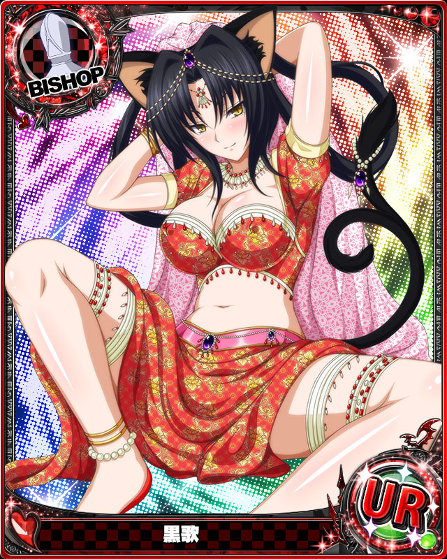 1girl, animal_ears, bishop_(chess), black_hair, bracelet, breasts, card_(medium), cat_ears