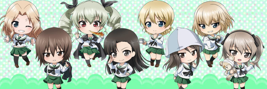 6+girls, alternate_costume, anchovy, asymmetrical_bangs, bandage, bangs, black_cape, black_jacket