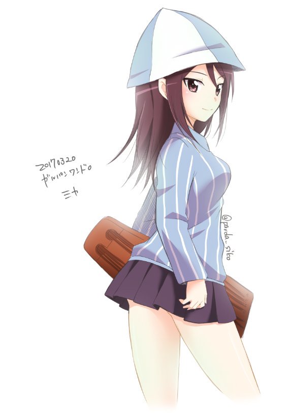 1girl, bangs, blue_shirt, brown_eyes, brown_hair, closed_mouth, dated, dress_shirt, from_side, girls_und_panzer, grey_skirt, holding, holding_instrument, instrument, kantele, light_smile, long_hair, long_sleeves, looking_at_viewer, looking_back, mika_(girls_und_panzer), miniskirt, parda_siko, pleated_skirt, school_uniform, shirt, simple_background, skirt, solo, standing, striped, striped_shirt, translated, twitter_username, vertical-striped_shirt, vertical_stripes, white_background, white_shirt