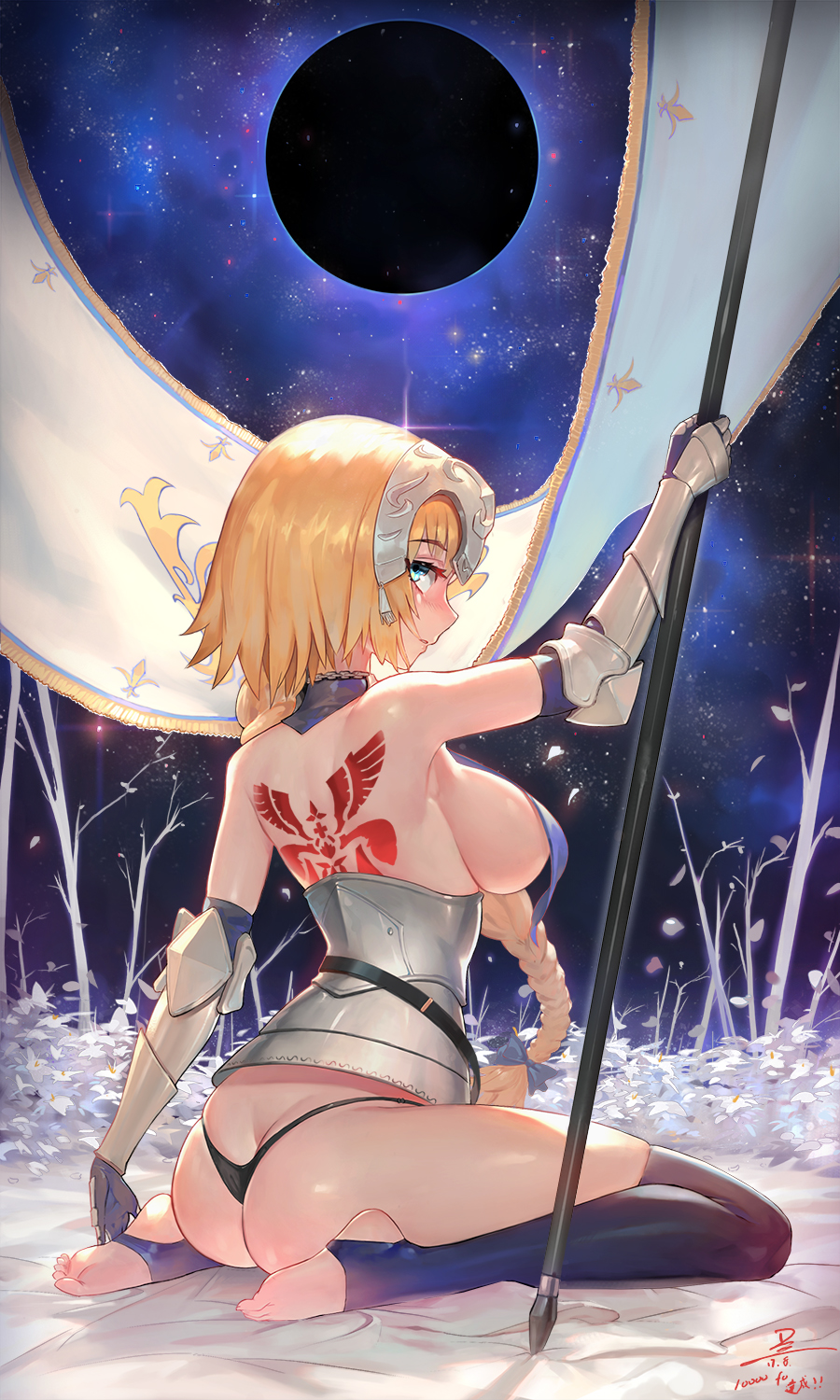 1girl, arm_up, armor, ass, back_tattoo, bare_shoulders, black_panties, blonde_hair