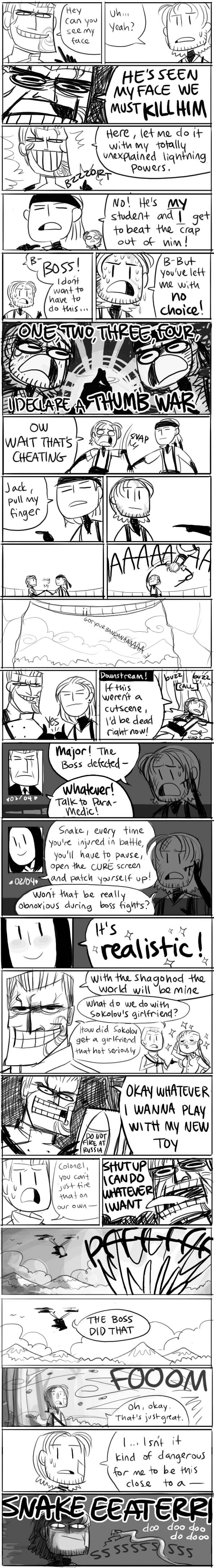 big_boss, comic, english, eva, major_zero, metal_gear_solid_3, monochrome, para-medic_(mgs3)