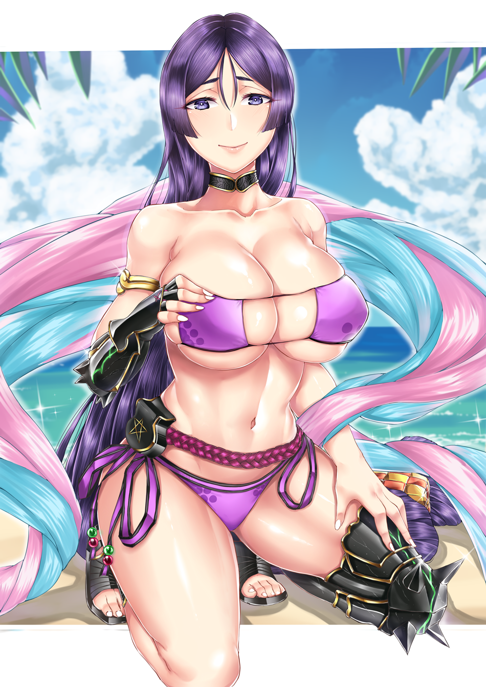 1girl, armor, bare_shoulders, beach, bikini, breasts, choker, cleavage