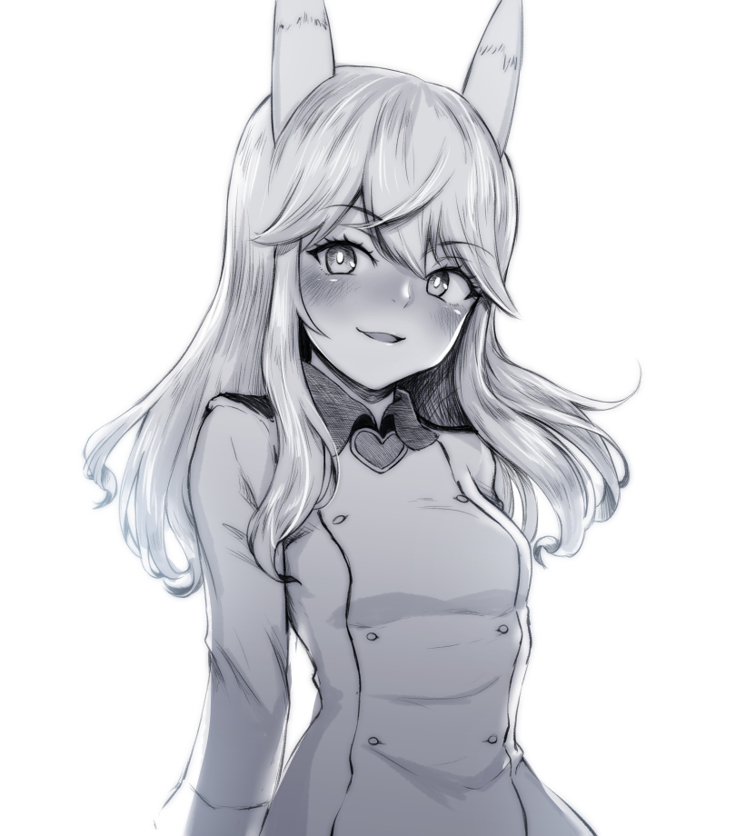 1girl, animal_ears, fox_ears, heart, liar_lawyer, long_hair, looking_at_viewer, monochrome