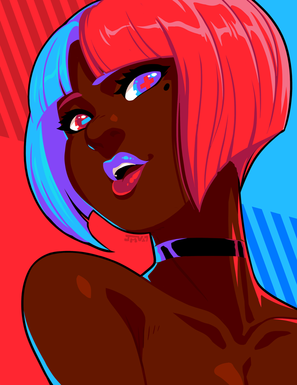 1girl, asymmetrical_hair, asymmetrical_lipstick, bangs, bare_shoulders, black_choker, blue_eyes, bob_cut
