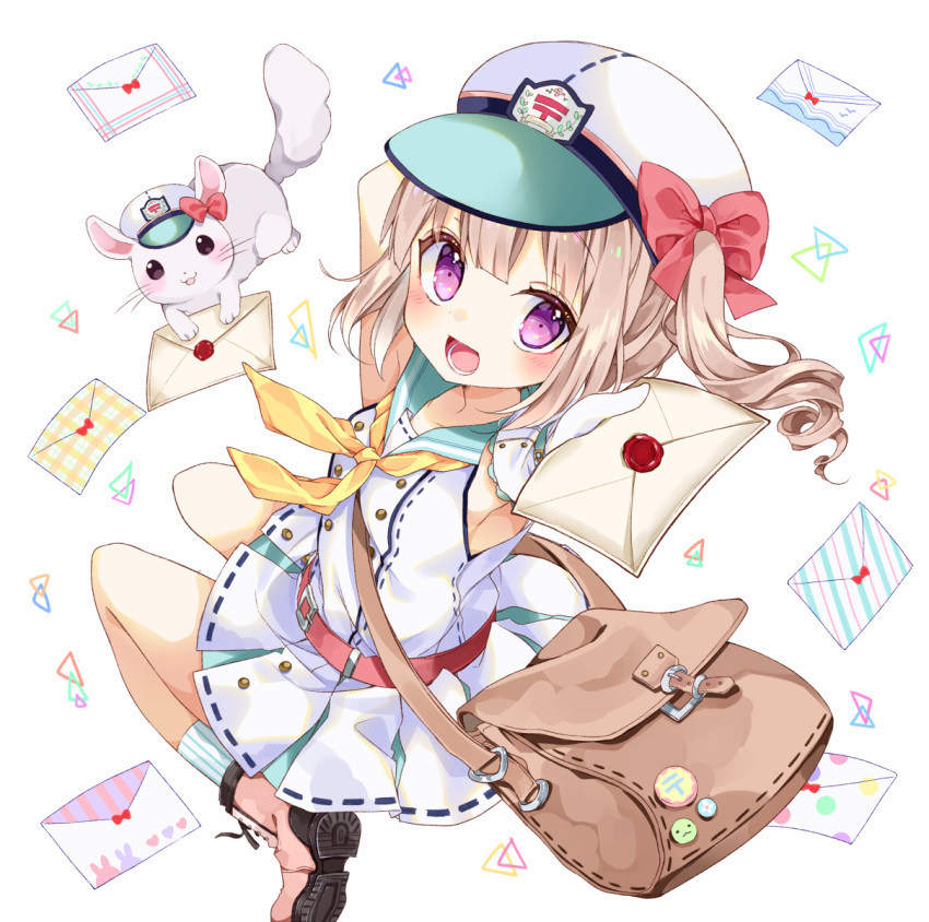 1girl, :d, arm_behind_head, armpits, bag, bare_arms, blonde_hair, boots