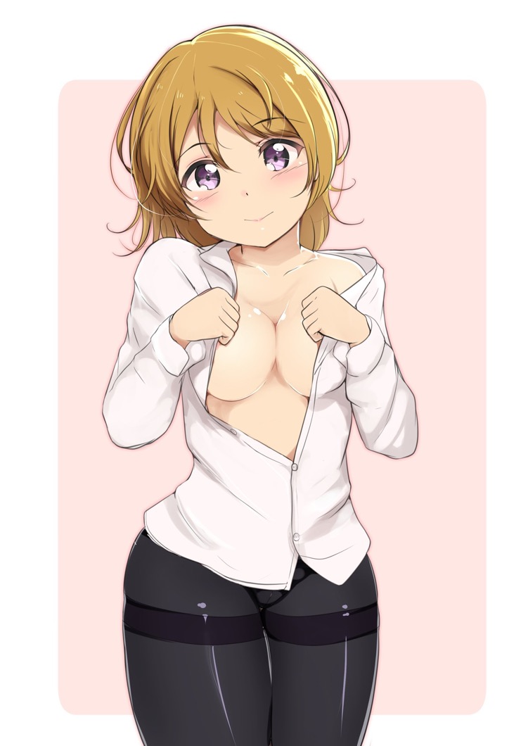 ankoiri, black_legwear, blush, breasts, brown_hair, cleavage, closed_mouth, collarbone