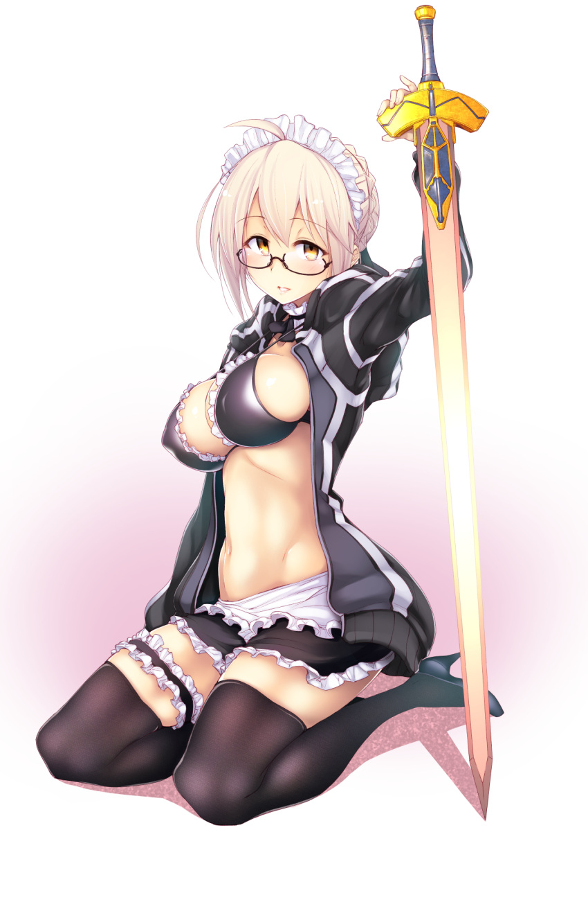 1girl, ahoge, alternate_breast_size, apron, arm_up, artoria_pendragon_(all), artoria_pendragon_(swimsuit_rider_alter)_(fate), artoria_pendragon_(swimsuit_rider_alter)_(fate)_(cosplay)