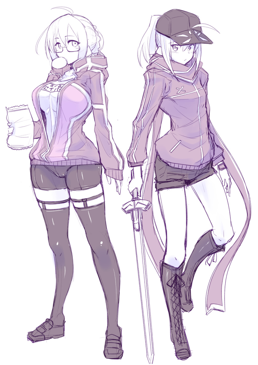 2girls, artoria_pendragon_(all), bag_of_chips, bangs, baseball_cap, bike_shorts, black_legwear, blue