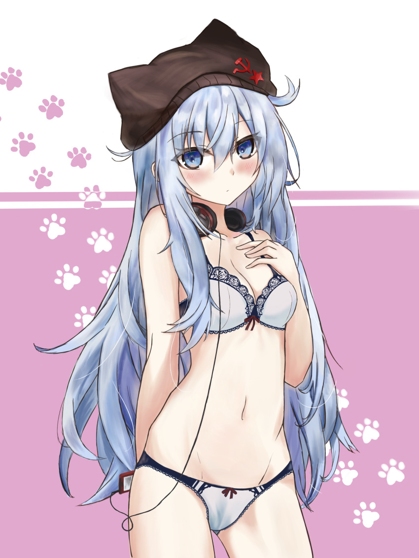 1girl, absurdres, animal_hat, arm_behind_back, black_hat, blue_hair, blush, bow, bow_panties, bra, breasts, cat_hat, closed_mouth, collarbone, cowboy_shot, eyebrows_visible_through_hair, hair_between_eyes, hammer_and_sickle, hammer_and_sickle_print, hand_on_own_chest, hat, head_tilt, headphones, headphones_around_neck, hibiki_(kantai_collection), highres, kantai_collection, long_hair, looking_at_viewer, navel, panties, paw_print, pink_background, resonancq, small_breasts, solo, star, star_print, two-tone_background, underwear, underwear_only, verniy_(kantai_collection), very_long_hair, white_bra, white_panties