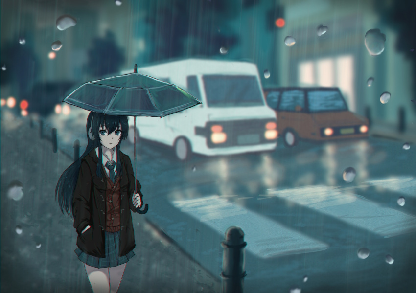 1girl, black_eyes, black_hair, black_necktie, car, closed_mouth, crosswalk, frown