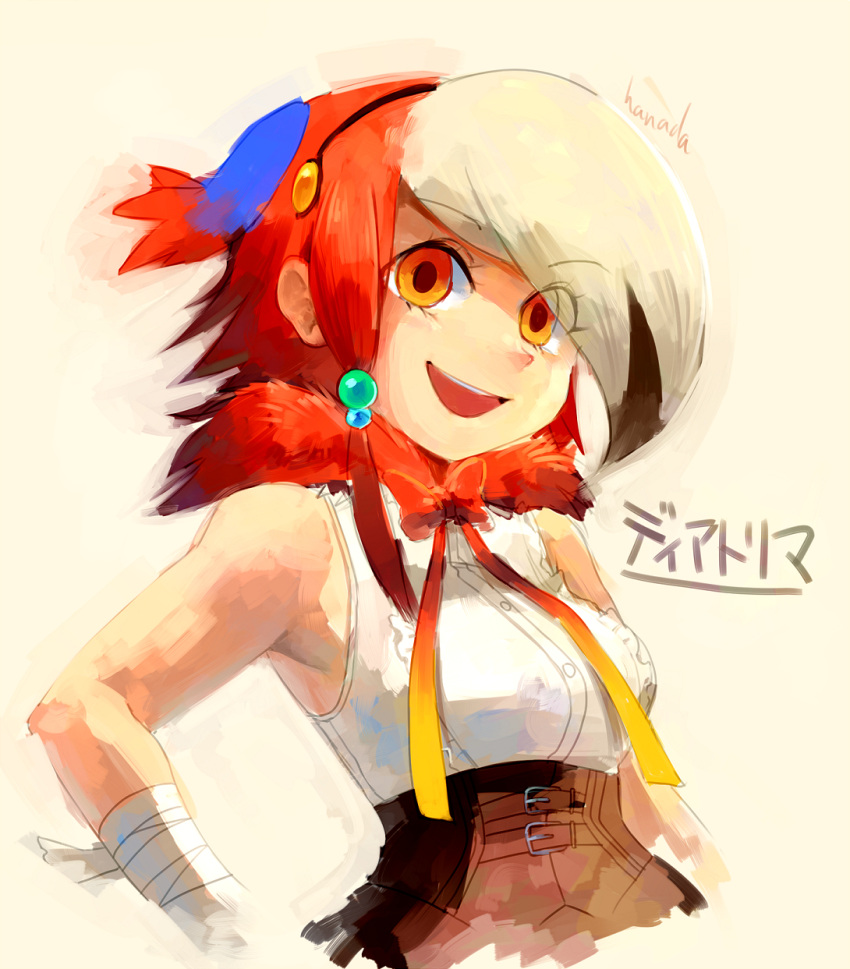 1girl, :d, artist_name, bare_shoulders, beads, blonde_hair, blue_hair, bow