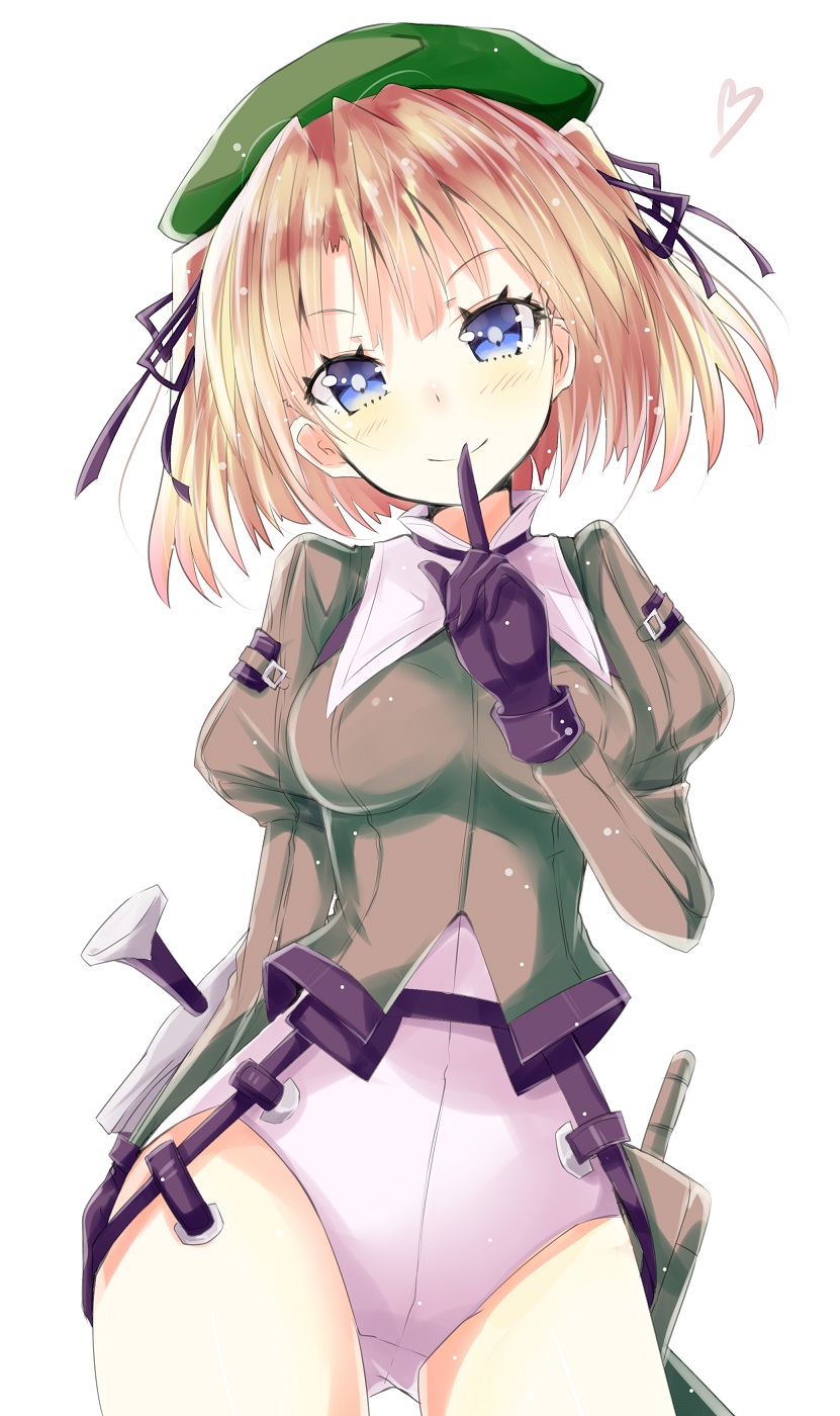 1girl, bangs, beret, black_gloves, black_ribbon, blue_eyes, blush, breasts, closed_mouth, cowboy_shot, eyebrows_visible_through_hair, gloves, hair_ribbon, hat, heart, highres, hizaka, index_finger_raised, juliet_sleeves, leotard, long_sleeves, looking_at_viewer, medium_breasts, puffy_sleeves, rance_(series), ribbon, simple_background, smile, solo, tsurime, two_side_up, urza_pranaice, white_background, white_leotard