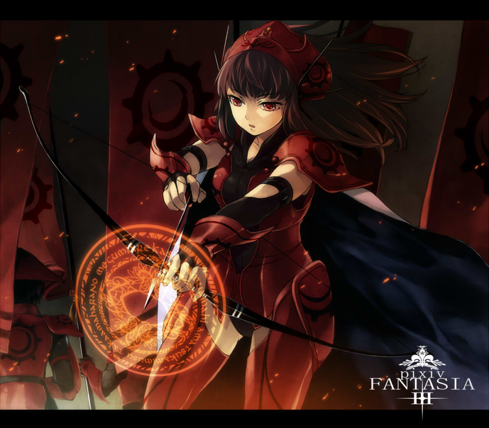 armor, arrow, bad_id, bow, bow_(weapon), brown_hair, cape, fingerless_gloves