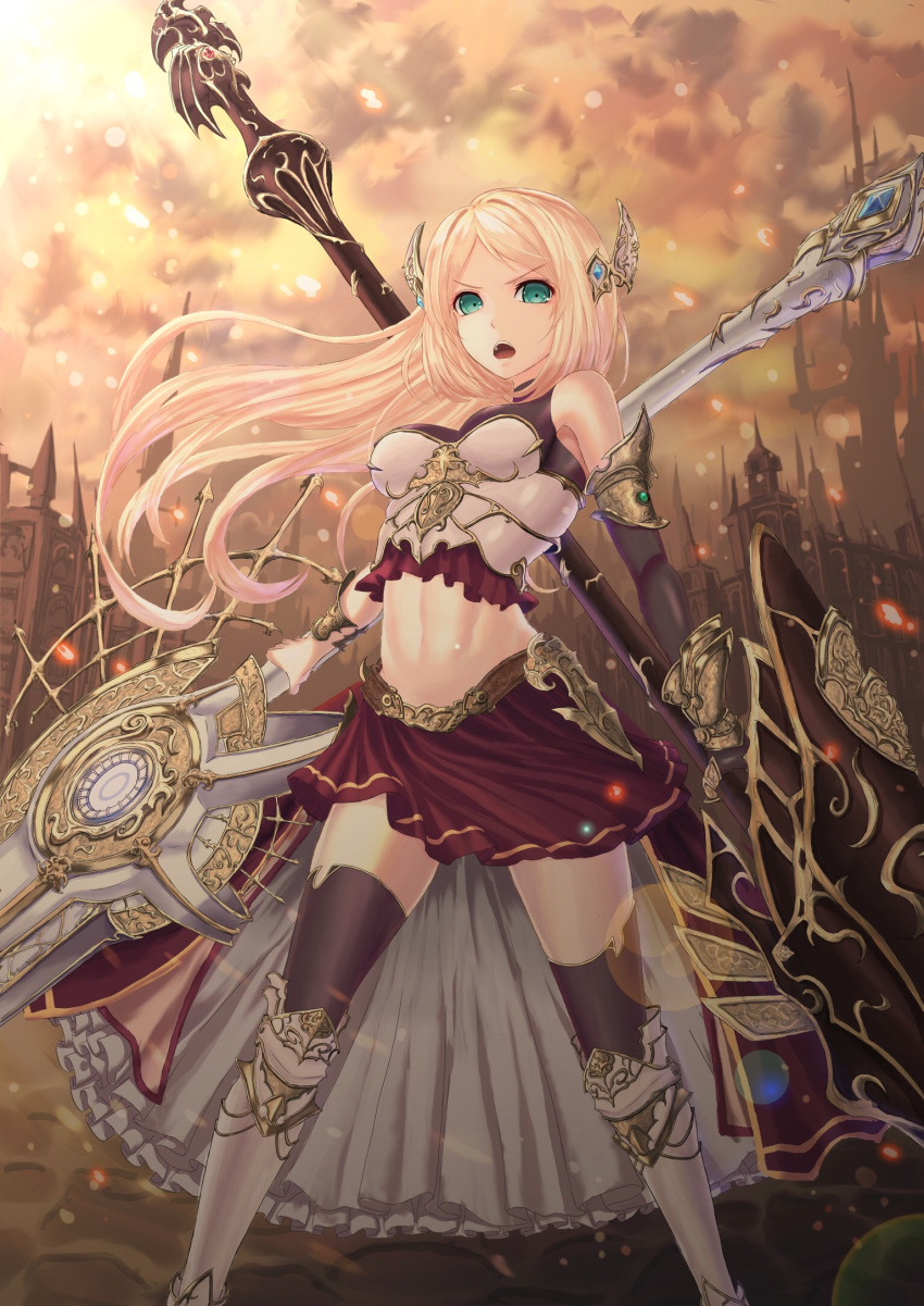 1girl, armor, black_legwear, blonde_hair, breasts, eyebrows_visible_through_hair, fantasy, green_eyes
