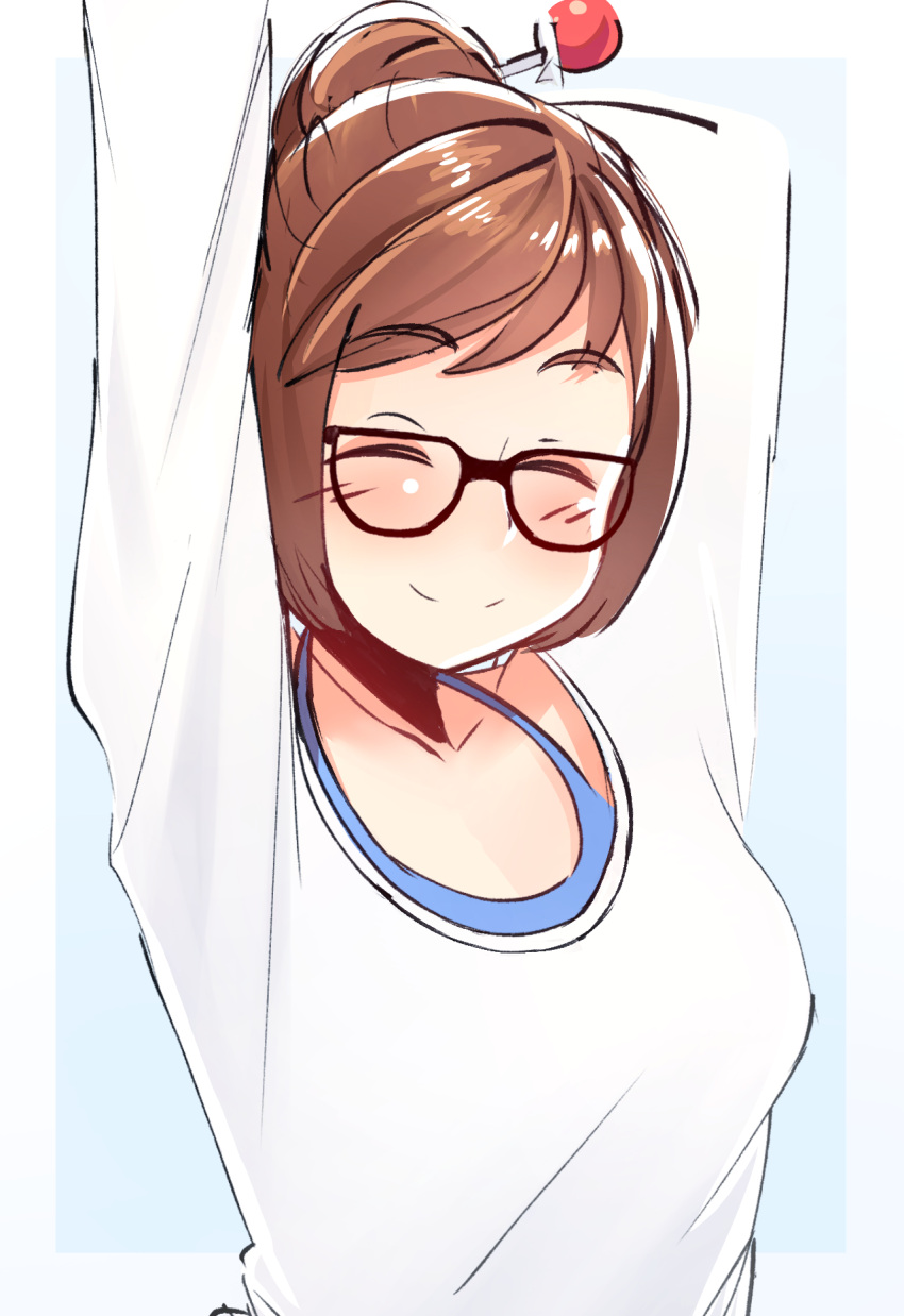 1girl, arms_behind_head, arms_up, black-framed_eyewear, blue_background, blue_shirt, breasts, brown_hair, closed_eyes, coolisushi, eyebrows_visible_through_hair, facing_viewer, glasses, hair_bun, hair_ornament, hair_stick, highres, long_sleeves, medium_breasts, mei_(overwatch), overwatch, shirt, short_hair, simple_background, sketch, smile, solo, stretch, sweatshirt, tank_top, upper_body, white_border, white_shirt