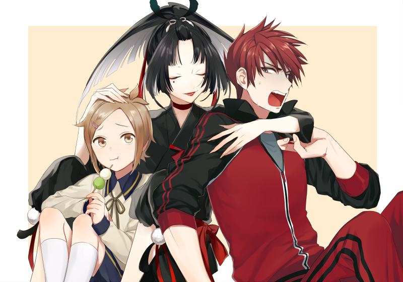 3boys, :t, black_hair, boy_sandwich, brown_eyes, brown_hair, closed_eyes, dango