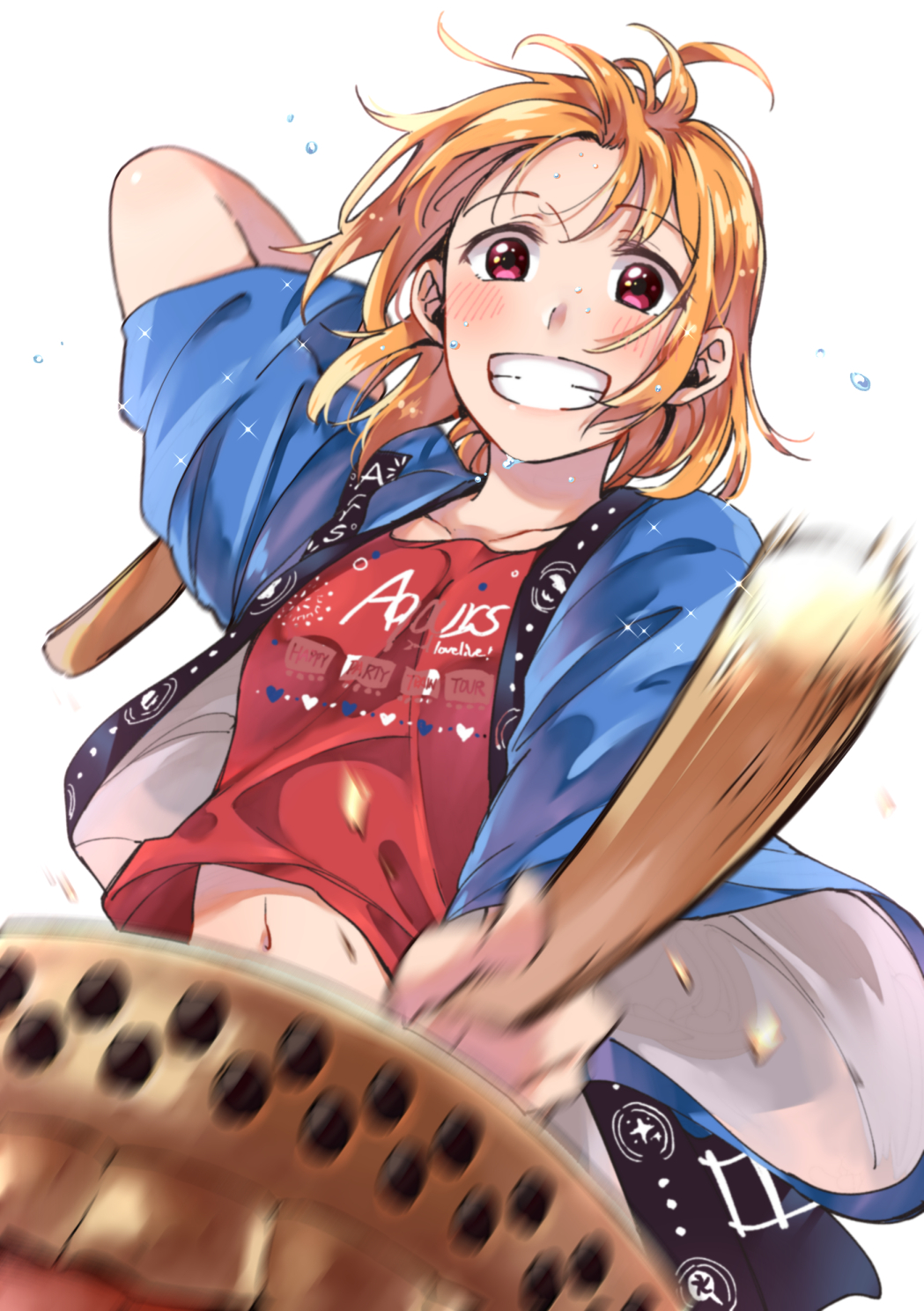 1girl, ahoge, bangs, belly_peek, blush, commentary_request, drum, drumming