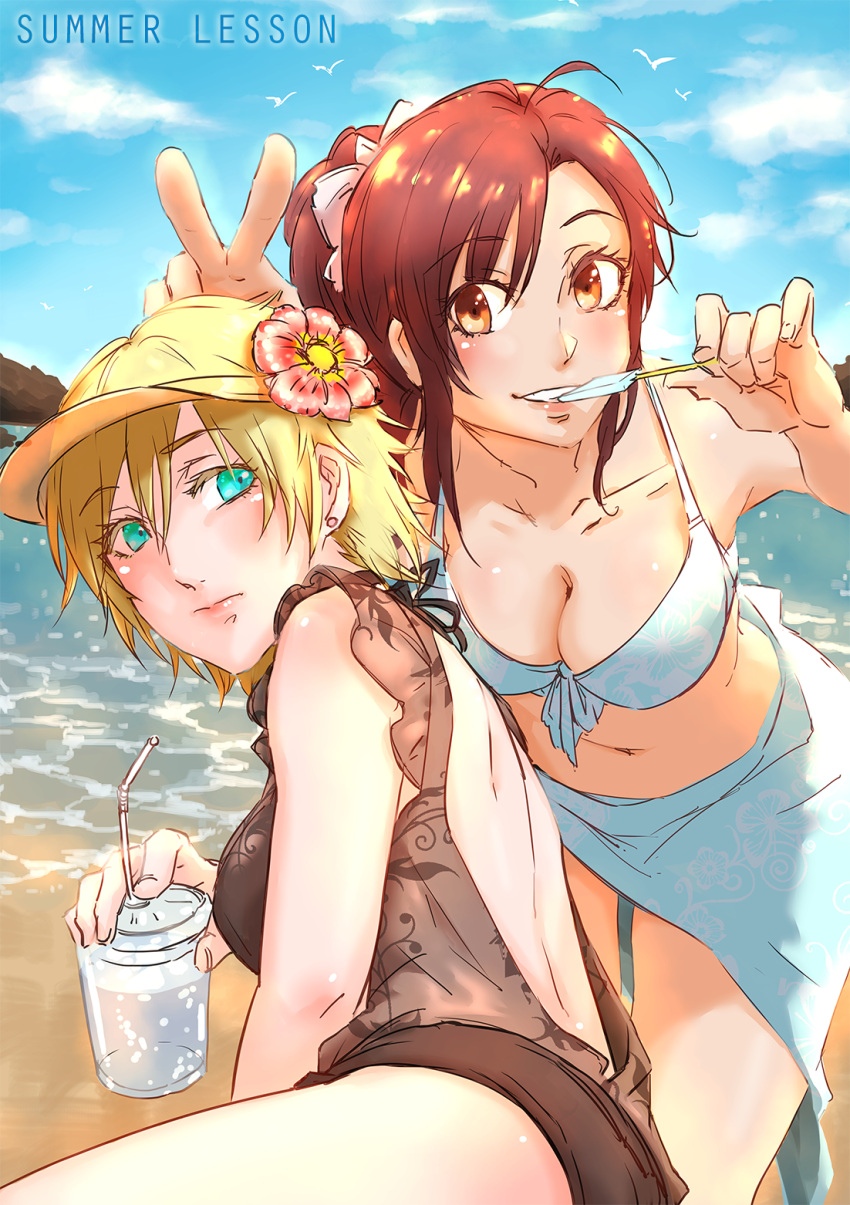 2girls, allison_(summer_lesson), artist_request, beach, bikini, blonde_hair, blue_bikini, blue_eyes