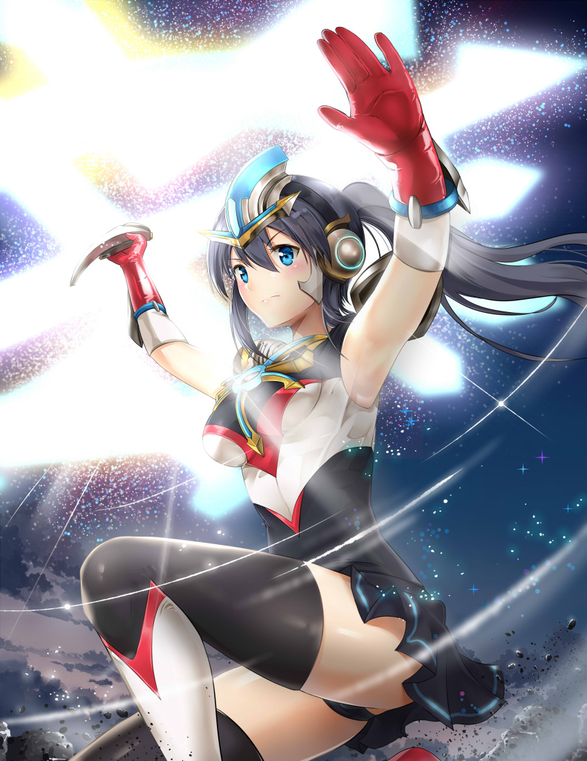 1girl, absurdres, armor, armpits, arms_up, bangs, black_bodysuit, black_hair