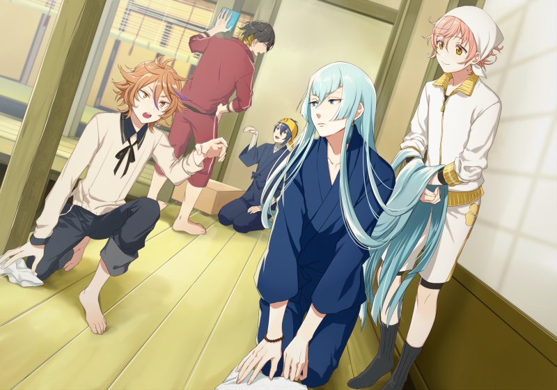 5boys, bandanna, black_hair, blonde_hair, blue_eyes, blue_hair, brown_eyes, brown_hair
