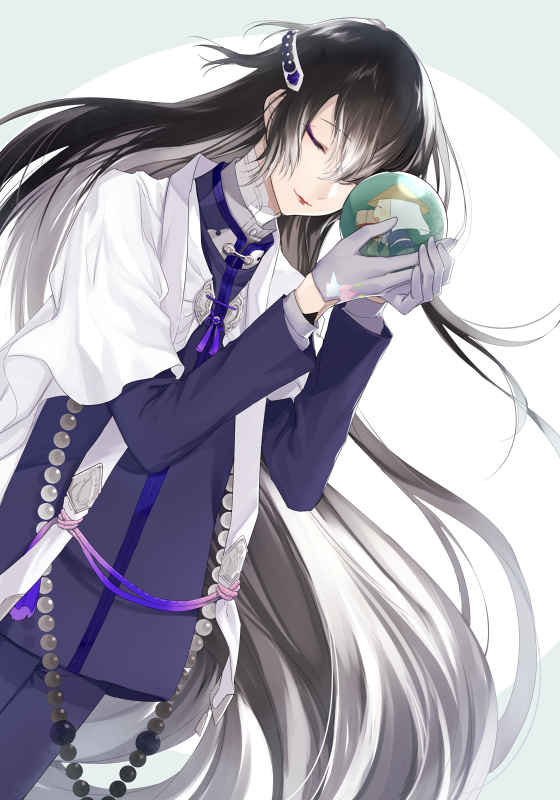2boys, beads, black_hair, closed_eyes, gloves, gradient_hair, juzumaru_tsunetsugu, long_hair