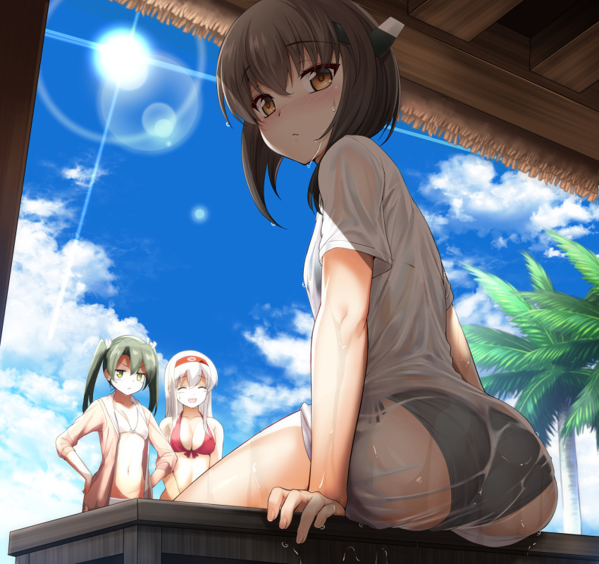 3girls, :d, ^_^, arm_support, ass, bikini, black_bikini, blue_sky, breasts, brown_hair, cleavage, closed_eyes, clouds, cloudy_sky, day, eyebrows_visible_through_hair, fingernails, from_below, front-tie_bikini, front-tie_top, green_hair, hair_between_eyes, hairband, hands_on_hips, headgear, highres, hood, hooded_jacket, hoodie, ipuu_(el-ane_koubou), jacket, kantai_collection, large_breasts, lens_flare, long_hair, looking_at_viewer, multiple_girls, navel, open_clothes, open_hoodie, open_jacket, open_mouth, outdoors, palm_tree, red_bikini, see-through, shirt, short_hair, shoukaku_(kantai_collection), side-tie_bikini, sky, small_breasts, smile, sunlight, sweat, sweatdrop, swimsuit, taihou_(kantai_collection), tree, twintails, wet, wet_clothes, wet_shirt, white_bikini, white_hair, zuikaku_(kantai_collection)