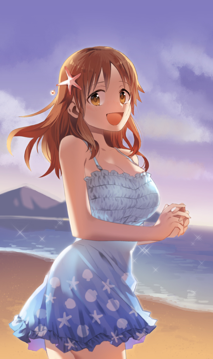 1girl, :d, alternate_costume, alternate_hairstyle, beach, blue_dress, blue_sky, breasts