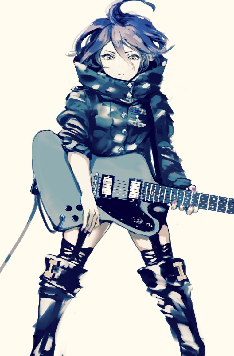 1girl, boots, coat, gbmah, guitar, hair_between_eyes, instrument, nail_polish