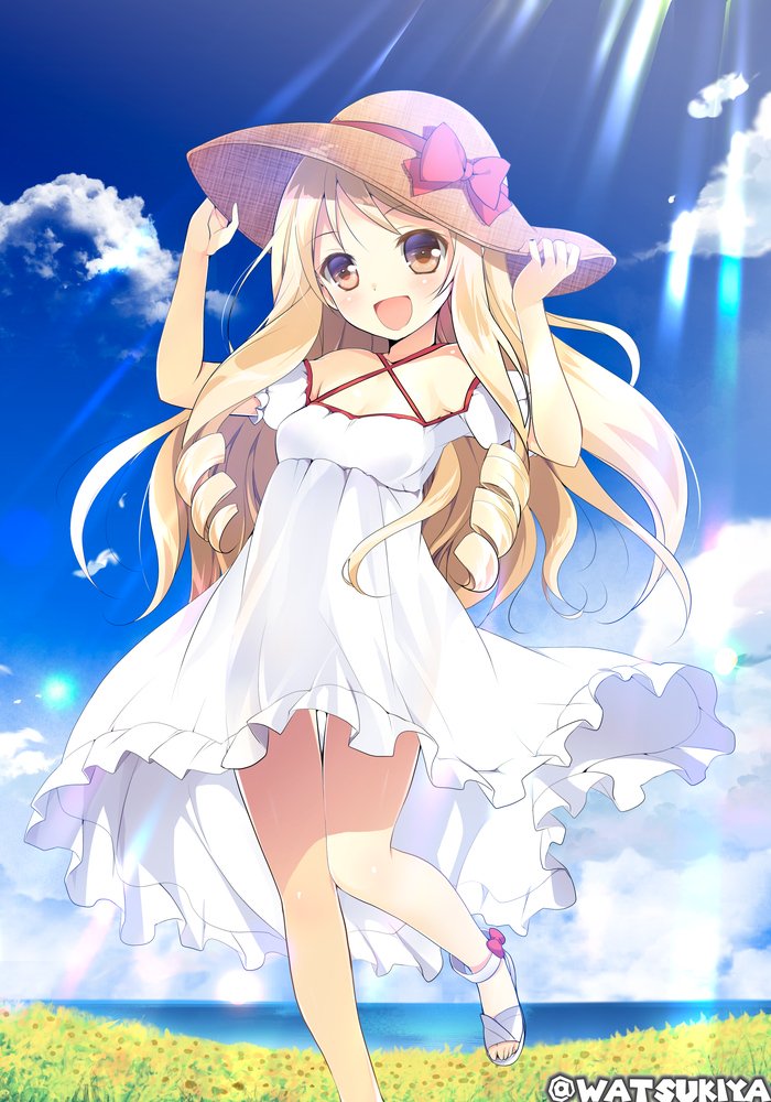 1girl, artist_name, beach, blonde_hair, brown_eyes, clouds, dress, drill_hair