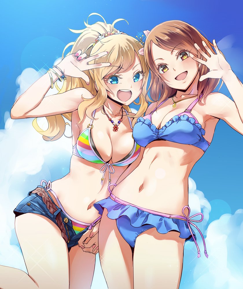 2girls, bare_arms, bikini, blonde_hair, blue_bikini, blue_sky, blush, bracelet