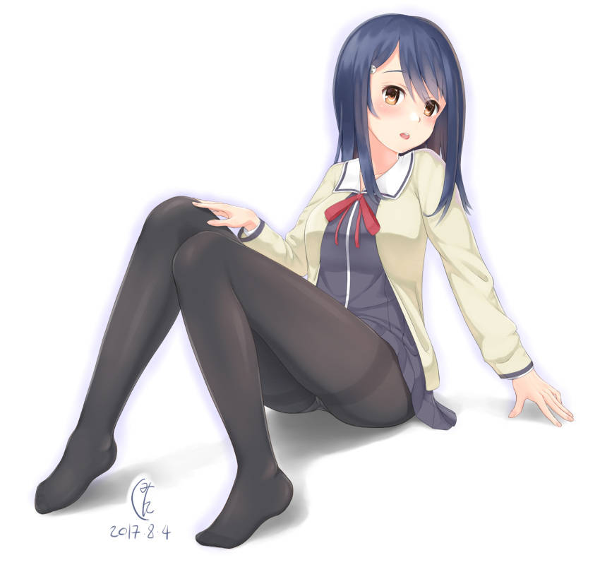 1girl, aho_girl, ass, black_legwear, blue_hair, blush, brown_eyes, cardigan