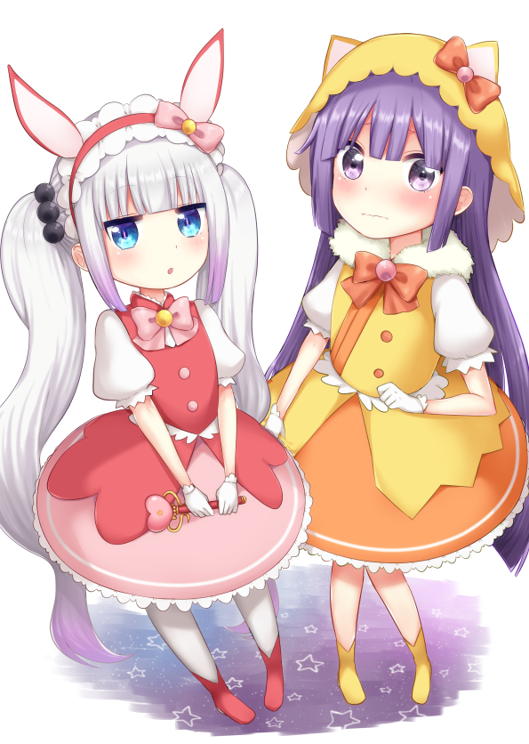 1boy, 1girl, :o, animal_ears, animal_hood, bangs, beads, blue_eyes