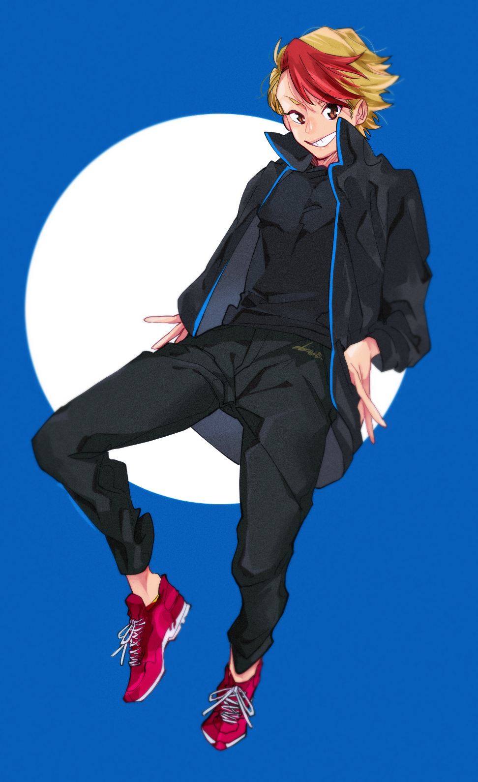 1boy, blonde_hair, brown_eyes, con_potata, grin, highres, jacket, male_focus